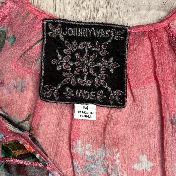 Johnny Was Jade Silk Floral Blouse Peasant Boho Button Tie Front Tunic‎ Top /M - Picture 8 of 9